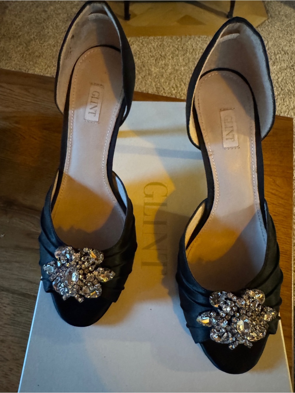 Glint Black Satin D'Orsay Pumps with Crystal Brooch